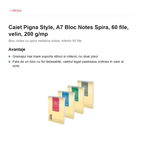 Bloc notes Pigna Style, A7, 60 file, velin, 200 g/mp, spira [1]