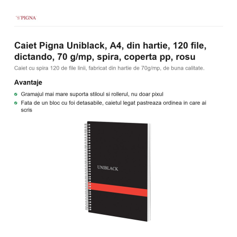 Caiet Pigna Uniblack, A4, 120 file, dictando, 70 g/mp, spira, coperta pp, rosu [1]