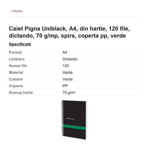 Caiet Pigna Uniblack, A4, 120 file, dictando, 70 g/mp, spira, coperta pp, verde [2]
