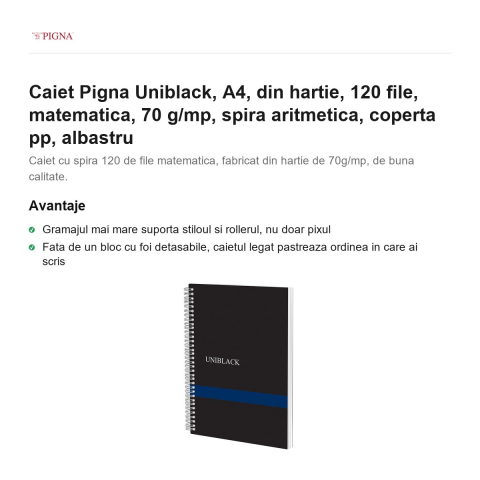 Caiet Pigna Uniblack, A4, 120 file, matematica, 70 g/mp, spira aritmetica, coperta pp, albastru [1]