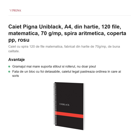 Caiet Pigna Uniblack, A4, 120 file, matematica, 70 g/mp, spira aritmetica, coperta pp, rosu [1]