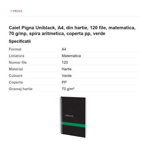 Caiet Pigna Uniblack, A4, 120 file, matematica, 70 g/mp, spira aritmetica, coperta pp, verde [2]