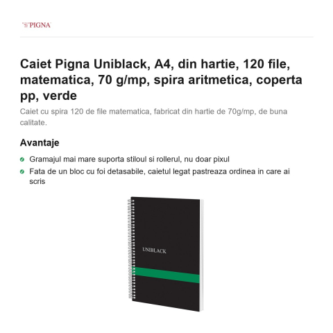 Caiet Pigna Uniblack, A4, 120 file, matematica, 70 g/mp, spira aritmetica, coperta pp, verde [1]