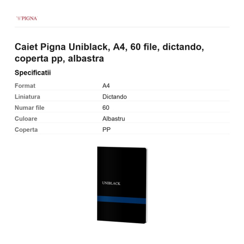 Caiet Pigna Uniblack, A4, 60 file, dictando, coperta pp, albastra [2]