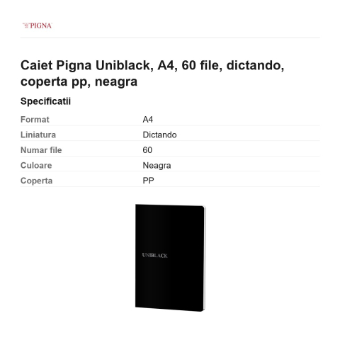 Caiet Pigna Uniblack, A4, 60 file, dictando, coperta pp, neagra [2]