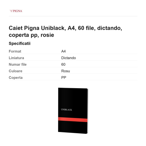 Caiet Pigna Uniblack, A4, 60 file, dictando, coperta pp, rosie [2]
