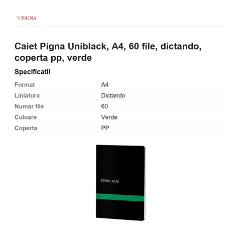 Caiet Pigna Uniblack, A4, 60 file, dictando, coperta pp, verde [2]