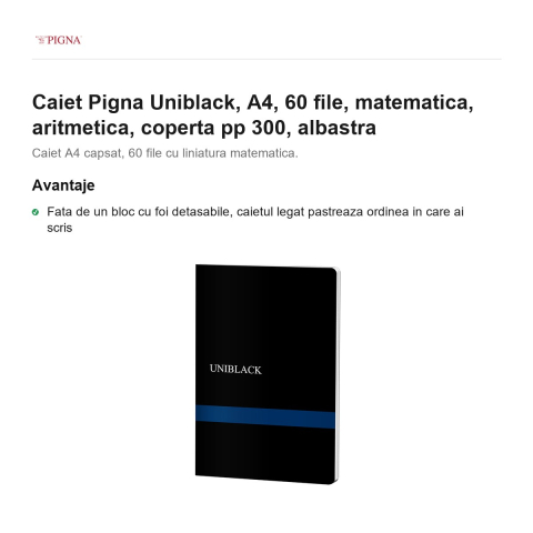 Caiet Pigna Uniblack, A4, 60 file, matematica, aritmetica, coperta pp 300, albastra [1]