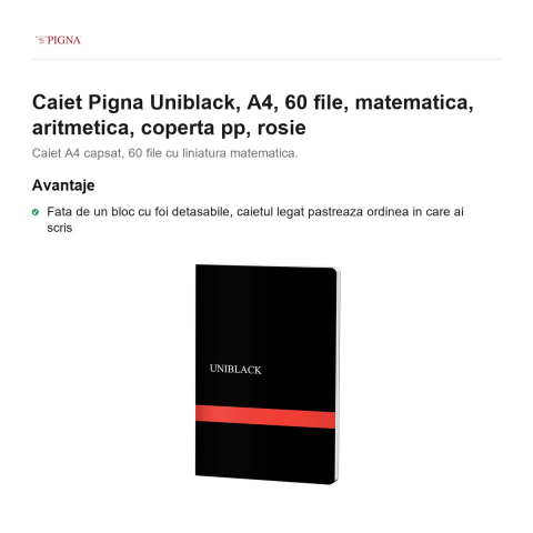 Caiet Pigna Uniblack, A4, 60 file, matematica, aritmetica, coperta pp, rosie [1]