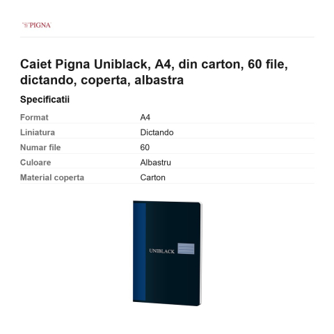 Caiet Pigna Uniblack, A4, din carton, 60 file, dictando, coperta, albastra [2]