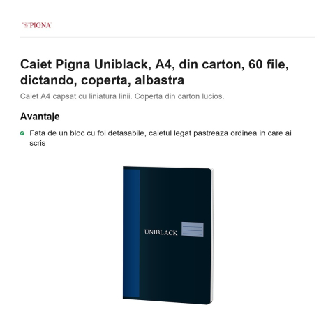 Caiet Pigna Uniblack, A4, din carton, 60 file, dictando, coperta, albastra [1]