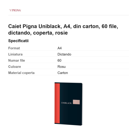 Caiet Pigna Uniblack, A4, din carton, 60 file, dictando, coperta, rosie [2]
