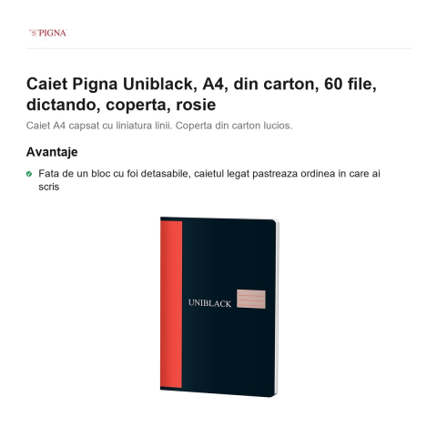 Caiet Pigna Uniblack, A4, din carton, 60 file, dictando, coperta, rosie [1]