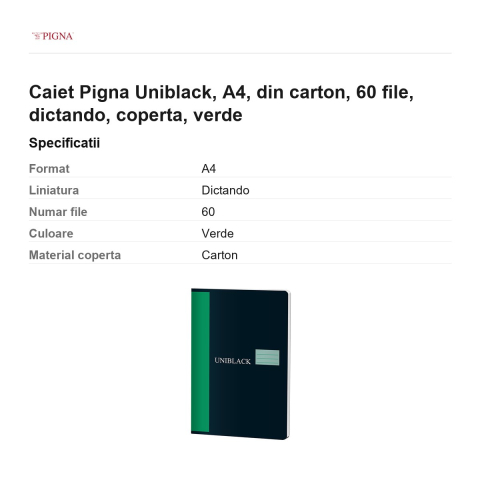 Caiet Pigna Uniblack, A4, din carton, 60 file, dictando, coperta, verde [2]