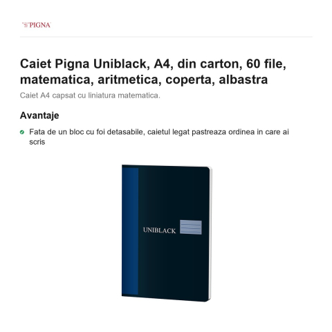 Caiet Pigna Uniblack, A4, din carton, 60 file, matematica, aritmetica, coperta, albastra [1]