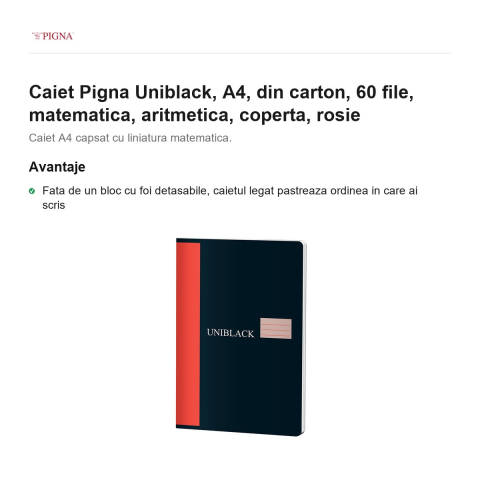 Caiet Pigna Uniblack, A4, din carton, 60 file, matematica, aritmetica, coperta, rosie [1]