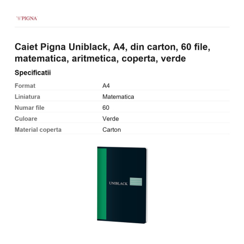 Caiet Pigna Uniblack, A4, din carton, 60 file, matematica, aritmetica, coperta, verde [2]