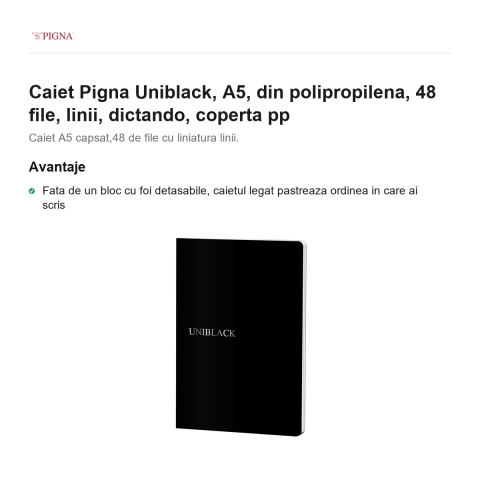 Caiet Pigna Uniblack, A5, din polipropilena, 48 file, linii, dictando, coperta pp [1]
