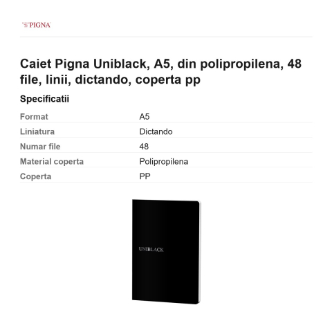 Caiet Pigna Uniblack, A5, din polipropilena, 48 file, linii, dictando, coperta pp [2]