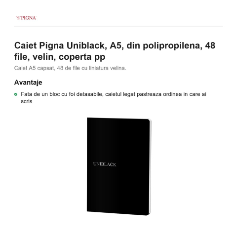 Caiet Pigna Uniblack, A5, din polipropilena, 48 file, velin, coperta pp [1]