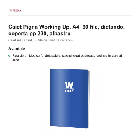 Caiet Pigna Working Up, A4, 60 file, dictando, coperta pp 230, albastru [1]