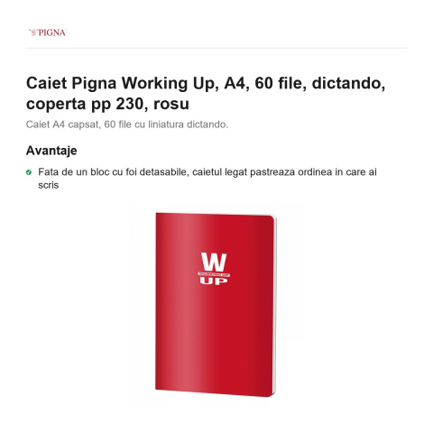 Caiet Pigna Working Up, A4, 60 file, dictando, coperta pp 230, rosu [1]