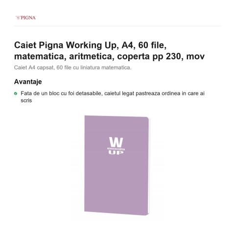 Caiet Pigna Working Up, A4, 60 file, matematica, aritmetica, coperta pp 230, mov [1]