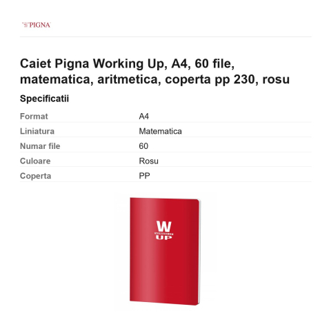 Caiet Pigna Working Up, A4, 60 file, matematica, aritmetica, coperta pp 230, rosu [2]