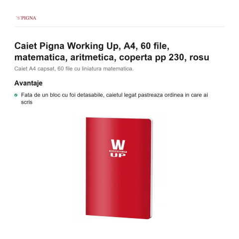 Caiet Pigna Working Up, A4, 60 file, matematica, aritmetica, coperta pp 230, rosu [1]