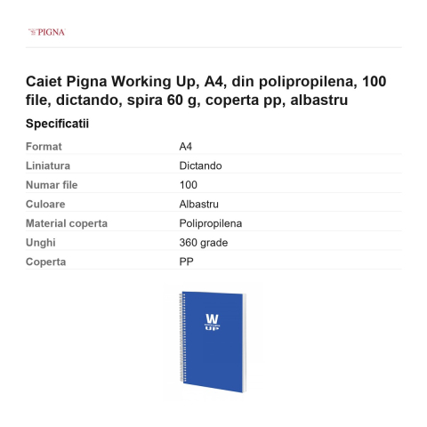 Caiet Pigna Working Up, A4, din polipropilena, 100 file, dictando, spira 60 g, coperta pp, albastru [2]