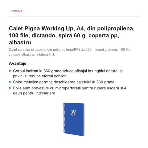 Caiet Pigna Working Up, A4, din polipropilena, 100 file, dictando, spira 60 g, coperta pp, albastru [1]