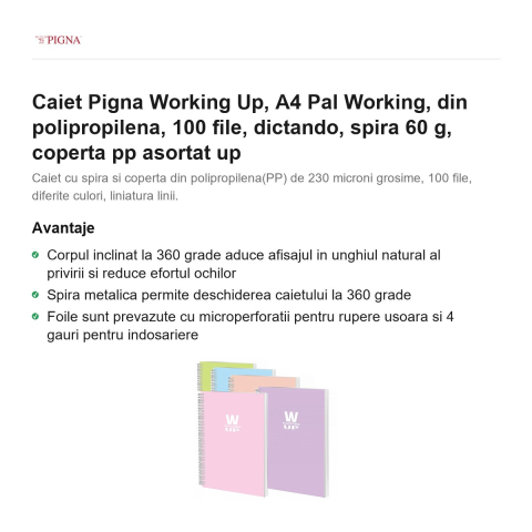 Caiet Pigna Working Up, A4, din polipropilena, 100 file, dictando, spira 60 g, coperta pp asortat pal [1]