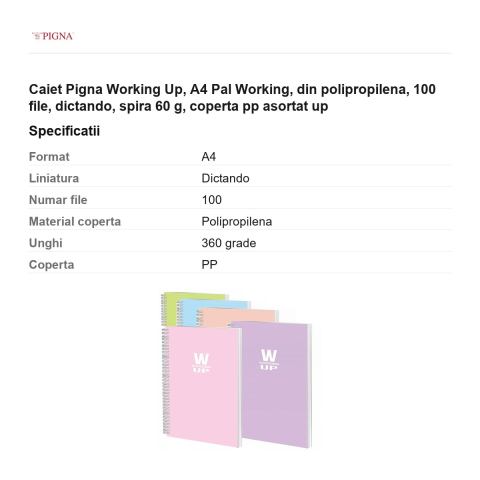 Caiet Pigna Working Up, A4, din polipropilena, 100 file, dictando, spira 60 g, coperta pp asortat pal [2]
