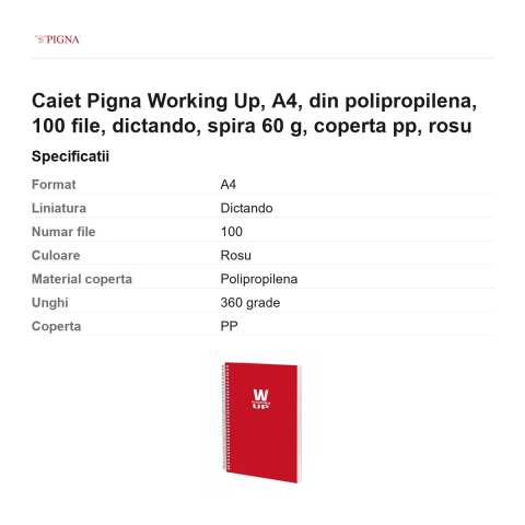 Caiet Pigna Working Up, A4, din polipropilena, 100 file, dictando, spira 60 g, coperta pp, rosu [2]