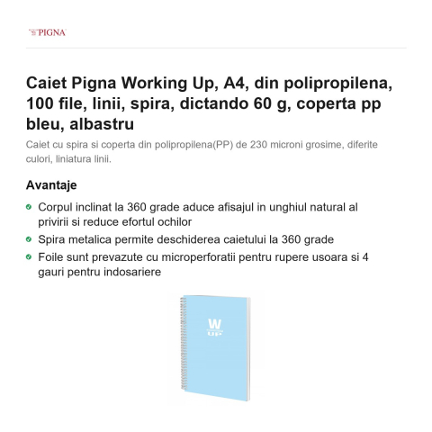 Caiet Pigna Working Up, A4, din polipropilena, 100 file, linii, spira, dictando 60 g, coperta pp bleu, albastru [1]