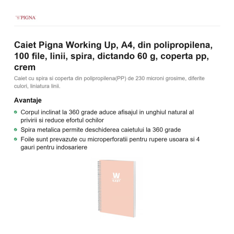 Caiet Pigna Working Up, A4, din polipropilena, 100 file, linii, spira, dictando 60 g, coperta pp, crem [1]