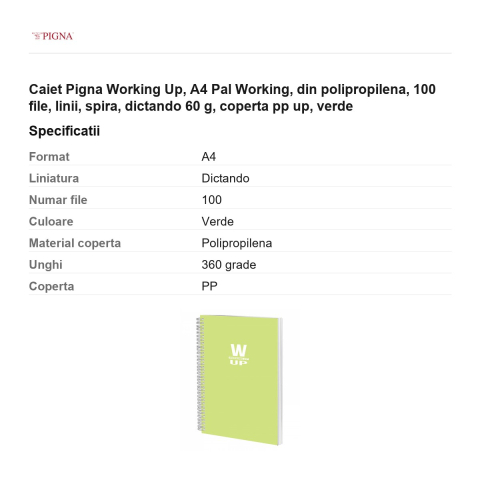 Caiet Pigna Working Up, A4, din polipropilena, 100 file, linii, spira, dictando 60 g, coperta pp pal, verde [2]