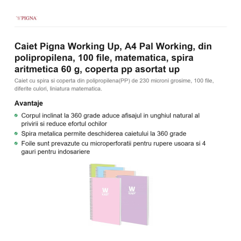 Caiet Pigna Working Up, A4, din polipropilena, 100 file, matematica, spira aritmetica 60 g, coperta pp asortat pal [1]
