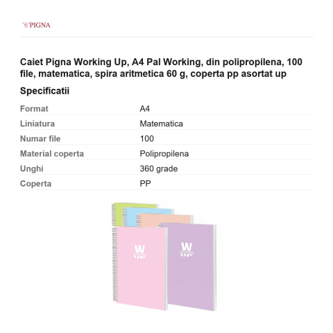 Caiet Pigna Working Up, A4, din polipropilena, 100 file, matematica, spira aritmetica 60 g, coperta pp asortat pal [2]