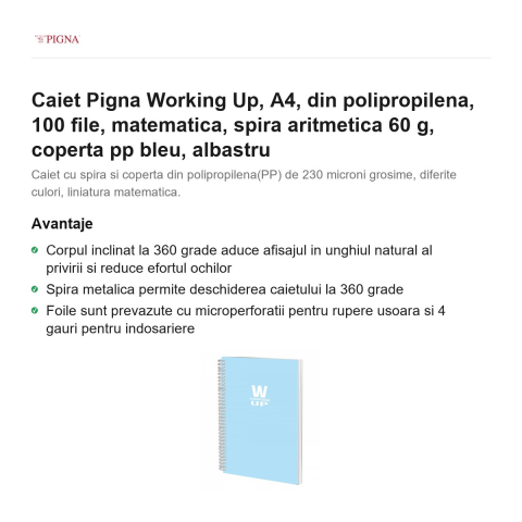 Caiet Pigna Working Up, A4, din polipropilena, 100 file, matematica, spira aritmetica 60 g, coperta pp bleu, albastru [1]