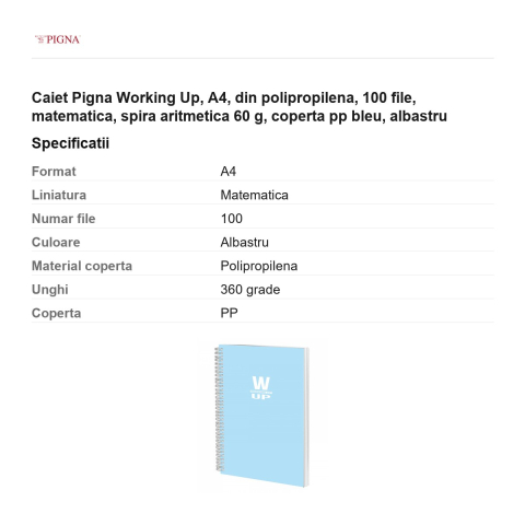 Caiet Pigna Working Up, A4, din polipropilena, 100 file, matematica, spira aritmetica 60 g, coperta pp bleu, albastru [2]