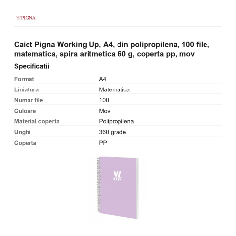 Caiet Pigna Working Up, A4, din polipropilena, 100 file, matematica, spira aritmetica 60 g, coperta pp, mov [2]