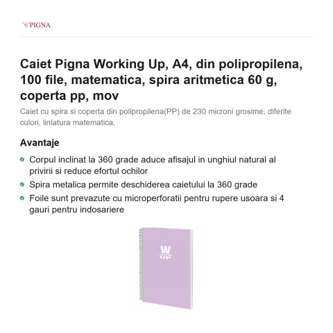 Caiet Pigna Working Up, A4, din polipropilena, 100 file, matematica, spira aritmetica 60 g, coperta pp, mov [1]
