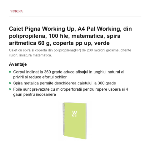 Caiet Pigna Working Up, A4, din polipropilena, 100 file, matematica, spira aritmetica 60 g, coperta pp pal, verde [1]