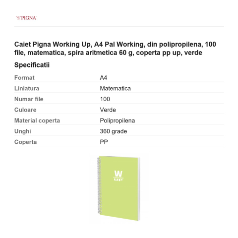 Caiet Pigna Working Up, A4, din polipropilena, 100 file, matematica, spira aritmetica 60 g, coperta pp pal, verde [2]