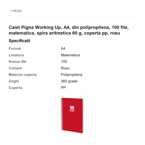 Caiet Pigna Working Up, A4, din polipropilena, 100 file, matematica, spira aritmetica 60 g, coperta pp, rosu [2]