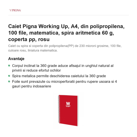 Caiet Pigna Working Up, A4, din polipropilena, 100 file, matematica, spira aritmetica 60 g, coperta pp, rosu [1]