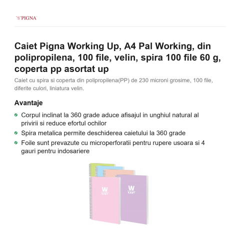 Caiet Pigna Working Up, A4, din polipropilena, 100 file, velin, spira 60 g, coperta pp asortat pal [1]