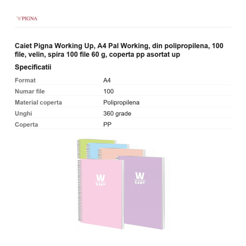 Caiet Pigna Working Up, A4, din polipropilena, 100 file, velin, spira 60 g, coperta pp asortat pal [2]