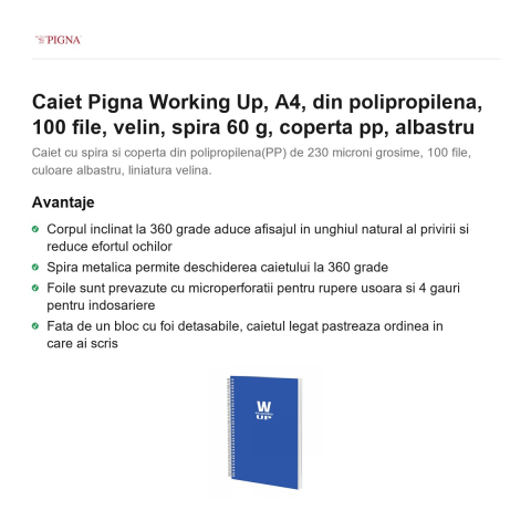 Caiet Pigna Working Up, A4, din polipropilena, 100 file, velin, spira 60 g, coperta pp, albastru [1]